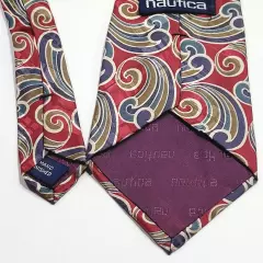 Nautica Classic Silk Necktie USA Made Paisley Swirls Whorls Maroon Olive Blues