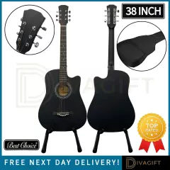 38 INCH ADULT SIZE BLACK ACOUSTIC GUITAR CUTAWAY HARDWOOD FINISH STEEL STRINGS