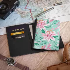 Faux Leather Tropical Hibiscus Passport Cover - Pink & Green RFID Blocking