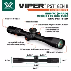 Vortex Optics Viper PST Gen II 3-15x44 Riflescope EBR-7C MRAD with Rings and Hat