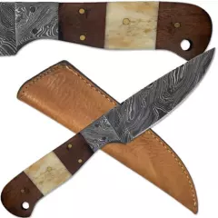 Geronimo Damascus Hunting Knife Full Tang Buffalo Bone Walnut-Wood Handle Custom