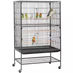 Metal 52" Large Rolling Bird Cage with 3 Perches and 4 Feeders, Black