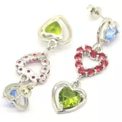 Colorful Created Heart Shape Tanzanite Garnet Green Peridot CZ Silver Earrings