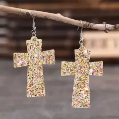 Golden Fashion Cross Design Dangle Earrings Full Sequins Decor PU Leather Women