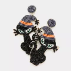 Black Felt Back Seed Beaded Witch Hat Cat Dangle Earrings