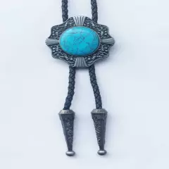 Vintage Bolo Tie Western Cowboy Blue Turquoise Mens Alloy Necklace PU Rope Party