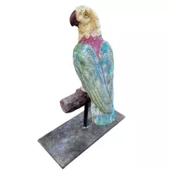 Distressed Perched Cement Parrot on Iron Stand