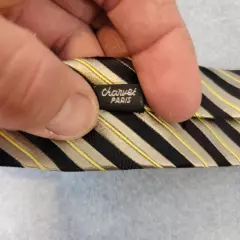 Charvet Made In France Tie Black Gold Yellow Striped Luxury Silk Designer