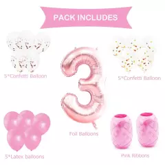 3rd Birthday Party Decor Kit - Giant Rose Gold Number 3 Foil Balloon, Pink Ri...