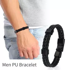 Men Male PU Strap Alloy Buckle Knitting Knitted Multilayer Bracelet Wristban HPT