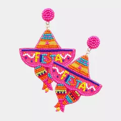 Pink Fiestas Message Felt Back Beaded Hat Dangle Earrings