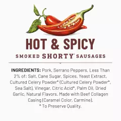 Duke's Hot and Spicy Smoked Shorty Sausages Meat Snack, Gluten Free Snack, 5 OZ