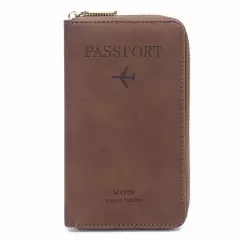 RFID Leather Travel Passport Case Cover Zipper Wallet Card Holder with Wristband