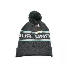 Men’s Under Armour Half Time Pom Pom Beanie - Grey/Green/White - NEW