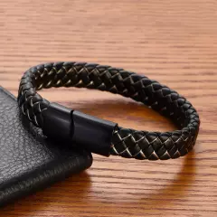 Genuine Leather Braided Bracelet Magnetic Buckle Band Men Stainless Steel Bangle