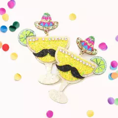 Yellow Glittered Hat Mustache Pointed Lime Cocktail Link Dangle Earrings