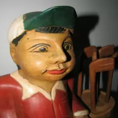 20" VINTAGE CARVED solid WOOD PAINTED GOLFER WITH GOLF BAG CLUBS FIGURINE