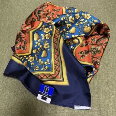 Yves Saint Laurent large scarf 86cm 33″ square silk flower navy