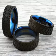 8mm Black Carbon Fiber Jeep Tire Track w/ Blue Tungsten Men's Wedding Band Ring