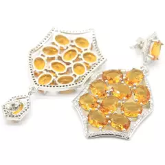 Fancy Long Big Created Golden Citrine White CZ Ladies Present Silver Earrings