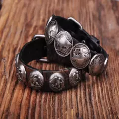 Black Cool Five Cent Buffalo Studded Leather Wrap Bracelet Cuff Wristband Men