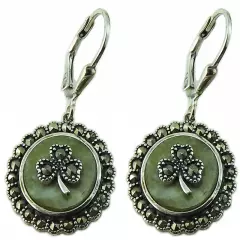 CONNEMARA MARBLE AND MARCASITE STONES SHAMROCK STERLING SILVER EARRINGS 70062