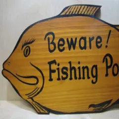 BEWARE! FISHING POX Folk Art Wooden Figural Fish Cabin Lodge Lake Sign Plaque