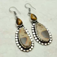 Leopard Skin Jasper Tiger Eye Drop Dangle Earrings Jewelry 2.12" AE-51887