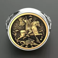 Saint George Slaying Devil Dragon Ring Roman Knight Biker Religious Gift For Men