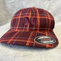 Hurley Hat Cap Flexfit Plaid Orange Red Brown L-XL Yupoong Puerto Rico Surf