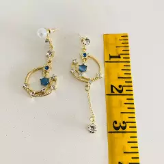 Stars and Crescent Moon Boho Dangle Asymmetric Galaxy Earrings Gold Tone, Blue