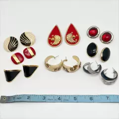 Lot of 8 Vintage Metal and Enamel Pierced Earrings Gold, Silver, Red, Black