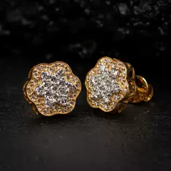 1.86Ct Lab Created Diamond Flower Cluster Men's Stud Earrings 14K Yellow Gold FN