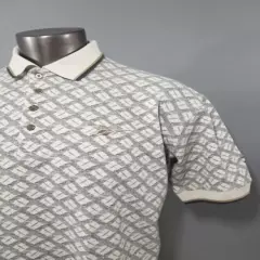 Reebox Vintage 1980s Polo Golf Shirt Cream Grey Geometric Print Mens Size Large