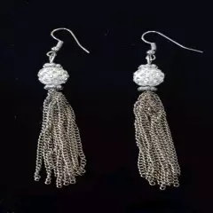 White Rhinestone Shambala Bead Tassel Dangle Earrings