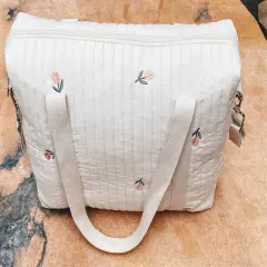 Flower Embroidery Pattern Baby Beige Cotton Fabric Zipper Diaper Handbag Bag