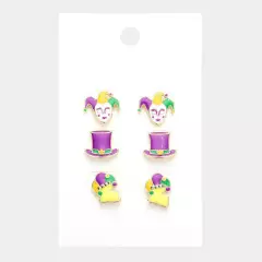 3Pairs - Mardi Gras Mask Hat Stud Earrings