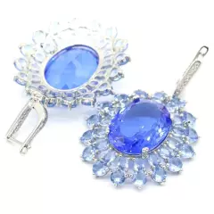 Romantic Long Big Heavy 20x15mm Rich Blue Violet Tanzanite CZ Silver Earrings