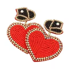 Red Felt Back Beaded Hat Heart Link Dangle Earrings