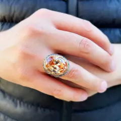 925 Sterling Silver Orange Citrine Stone Turkish Handmade Men's Ring