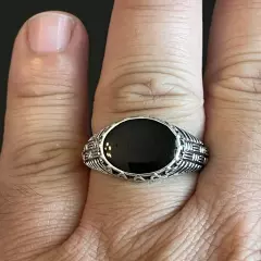 Round Black Obsidian Stone S925 Silver Plated Women Men Ring 