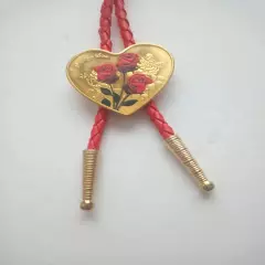 Heart Shape Bolo Tie W/Red Roses 18" 4mm Red Braided Cord W/1.25 " Gold Tips