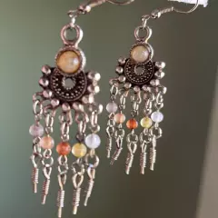 Boho Pierced Earrings Silver tone Beaded Chandelier 2.25"