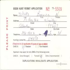 1975 Bison Hunt Permit Application Bernice N. Weers Wasilla Alaska