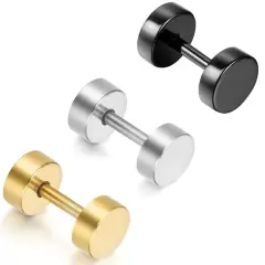 Stainless Steel Pair Black Flat Round Barbell Plug Stud Earrings Mens Gym 14-3mm