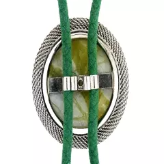 Green White Jade Quartz 34mm Round Custom Silver Mesh Bolo Tie Cord Tip EPBT145