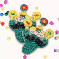 Felt Back Beaded Hat Mustache Cactus Dangle Earrings