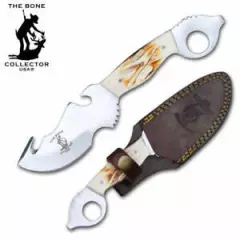 8.25" Bone Collector Gut Hook Blade Skinning Knife Bone Handle with Leather Shea