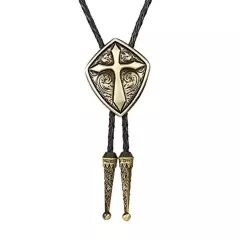 Vintage Bolo Tie Western Cowboy Romen Shield Cross Pattrn Mens Necklace PU Rope