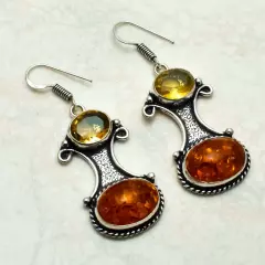 Baltic Amber Citrine Handmade Drop Dangle Earrings Jewelry 2.08" AE-47979